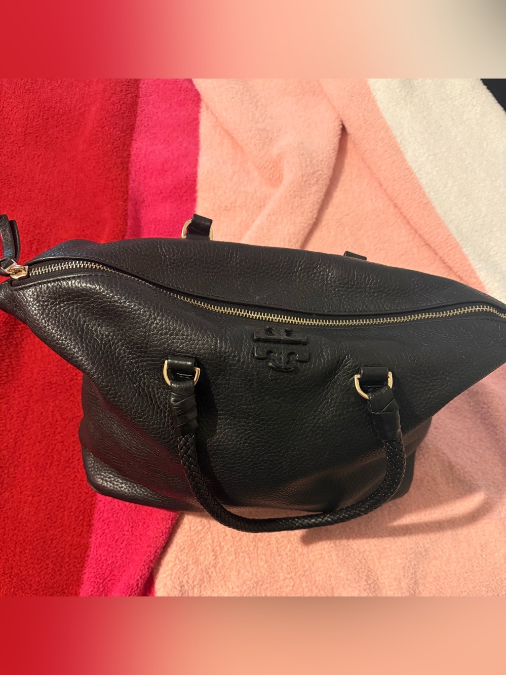 Tory Burch Black Pebbled Leather Tote with Braided Handles
